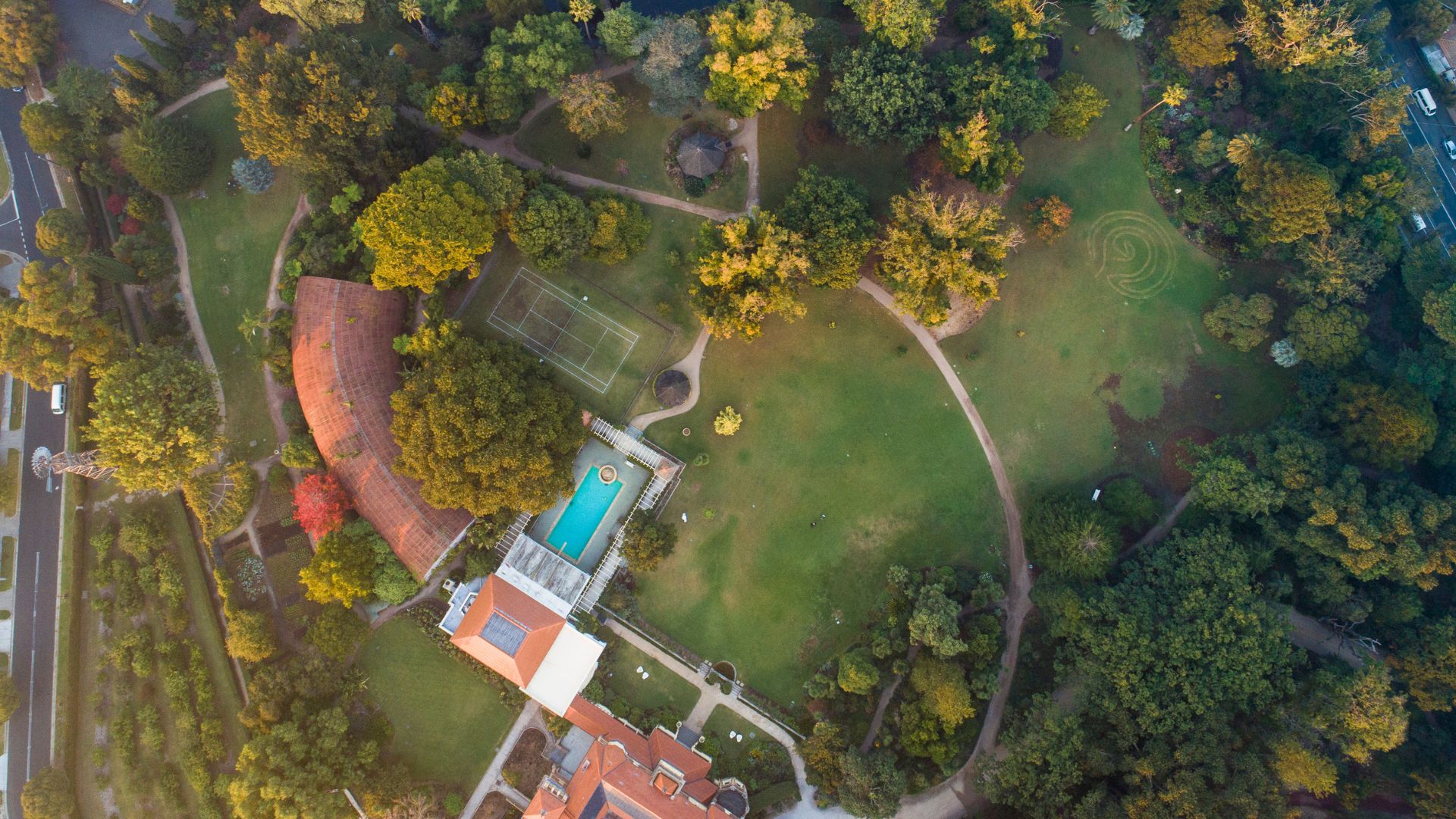 Aerial view of Rippon Lea’s gardens and mansion.